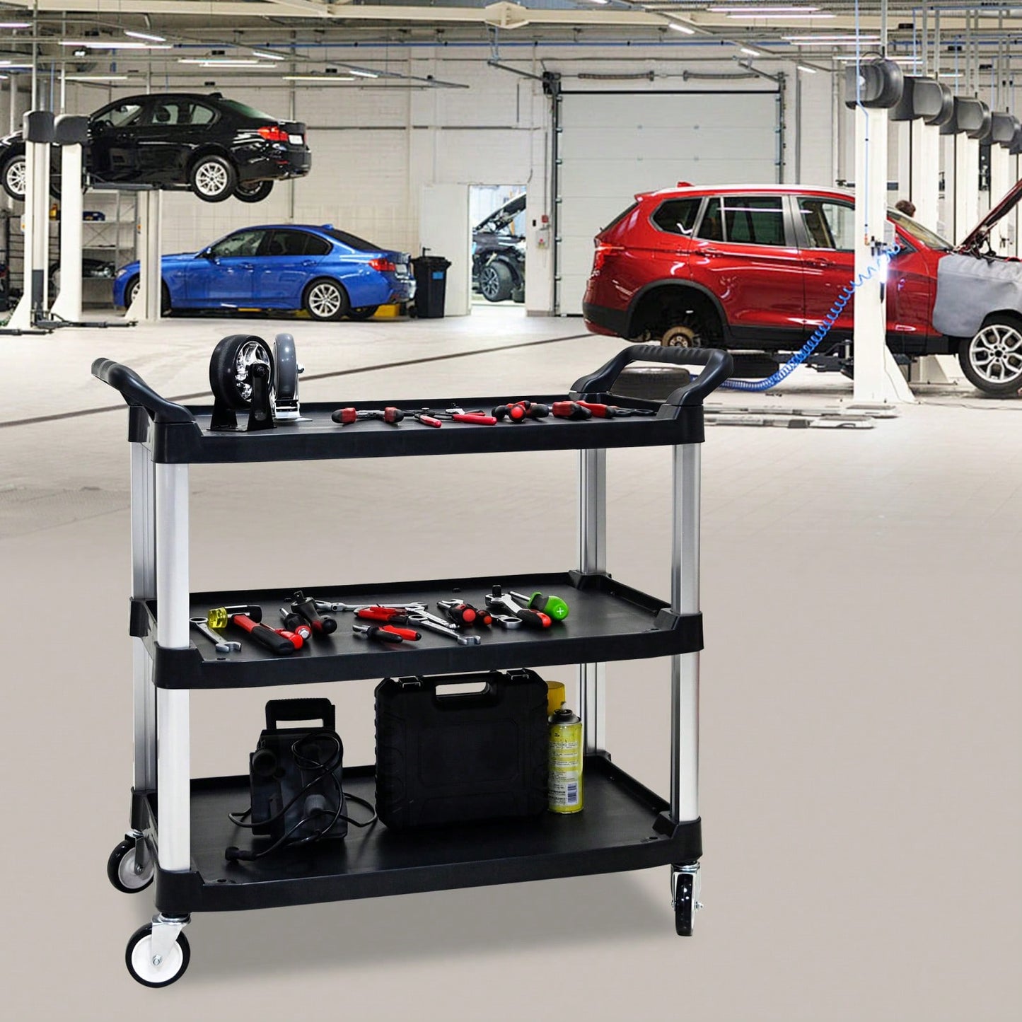 Three-Tier Heavy-Duty Plastic Tool Cart with Silent Casters Non-Slip Handrail and Reinforced Design for Easy Mobility