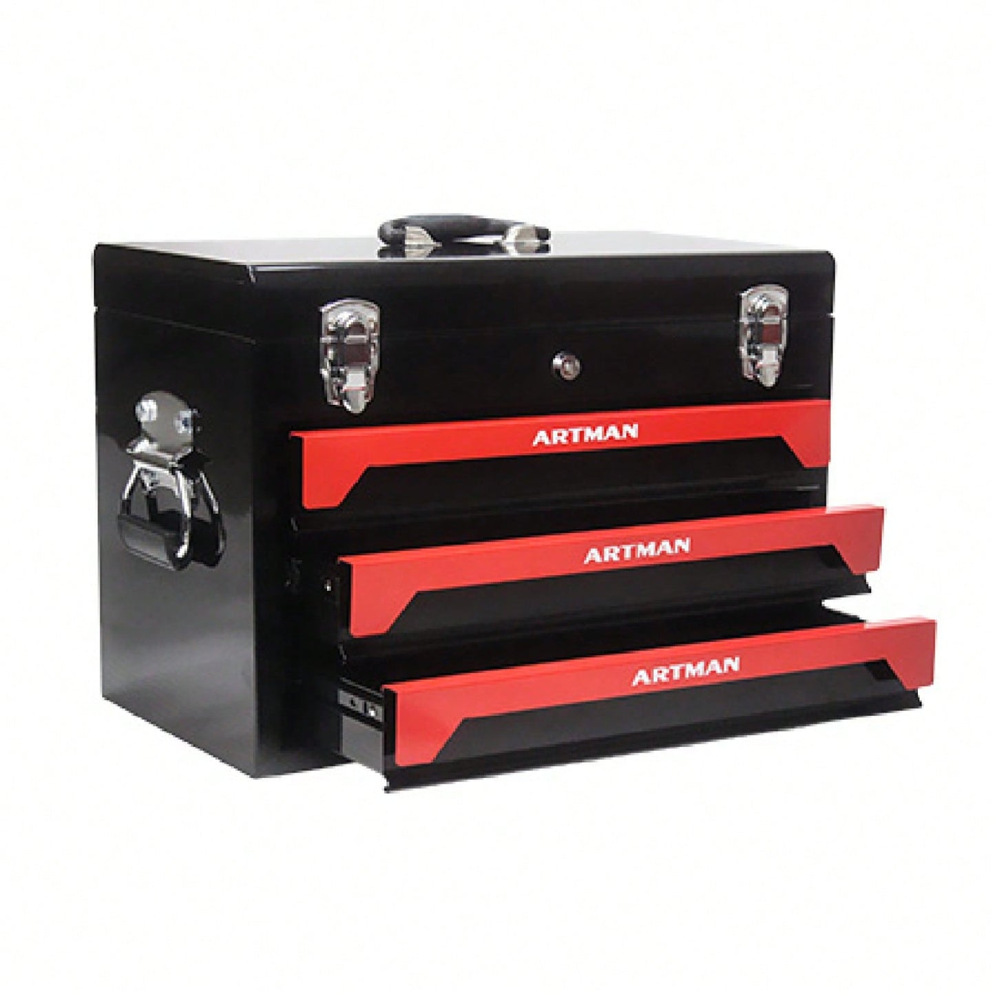 Compact 3-Drawer Tool Box with Key Lock and Smooth Ball Bearing Slides Red and Black Metal Organizer