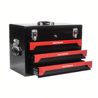 Compact 3-Drawer Tool Box with Key Lock and Smooth Ball Bearing Slides Red and Black Metal Organizer