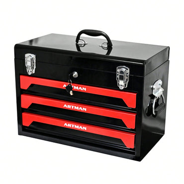 Compact 3-Drawer Tool Box with Key Lock and Smooth Ball Bearing Slides Red and Black Metal Organizer