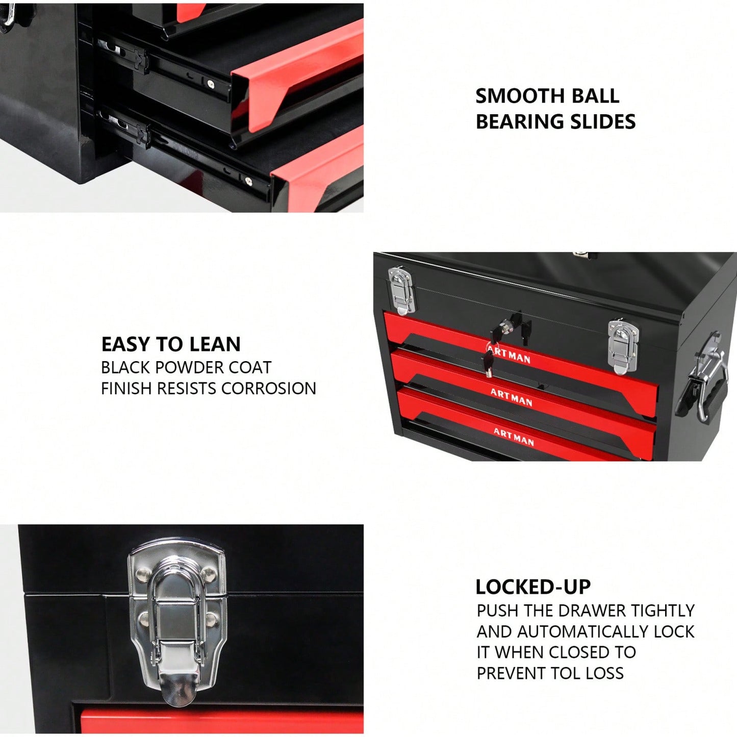 Compact 3-Drawer Tool Box with Key Lock and Smooth Ball Bearing Slides Red and Black Metal Organizer
