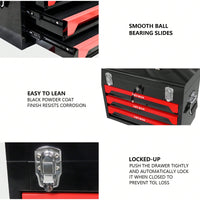 Compact 3-Drawer Tool Box with Key Lock and Smooth Ball Bearing Slides Red and Black Metal Organizer