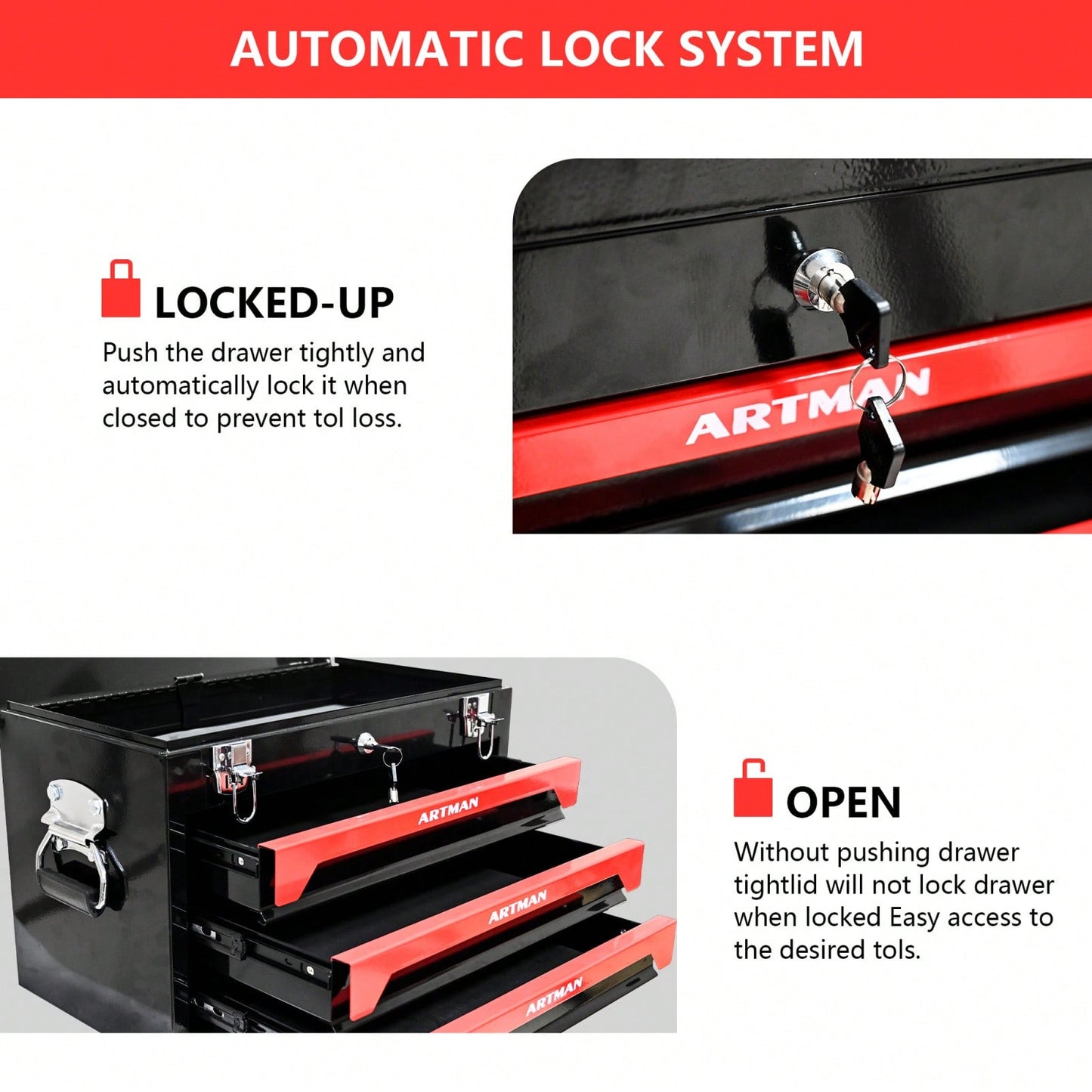 Compact 3-Drawer Tool Box with Key Lock and Smooth Ball Bearing Slides Red and Black Metal Organizer
