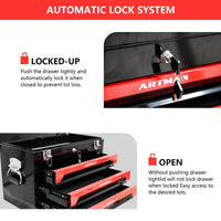 Compact 3-Drawer Tool Box with Key Lock and Smooth Ball Bearing Slides Red and Black Metal Organizer
