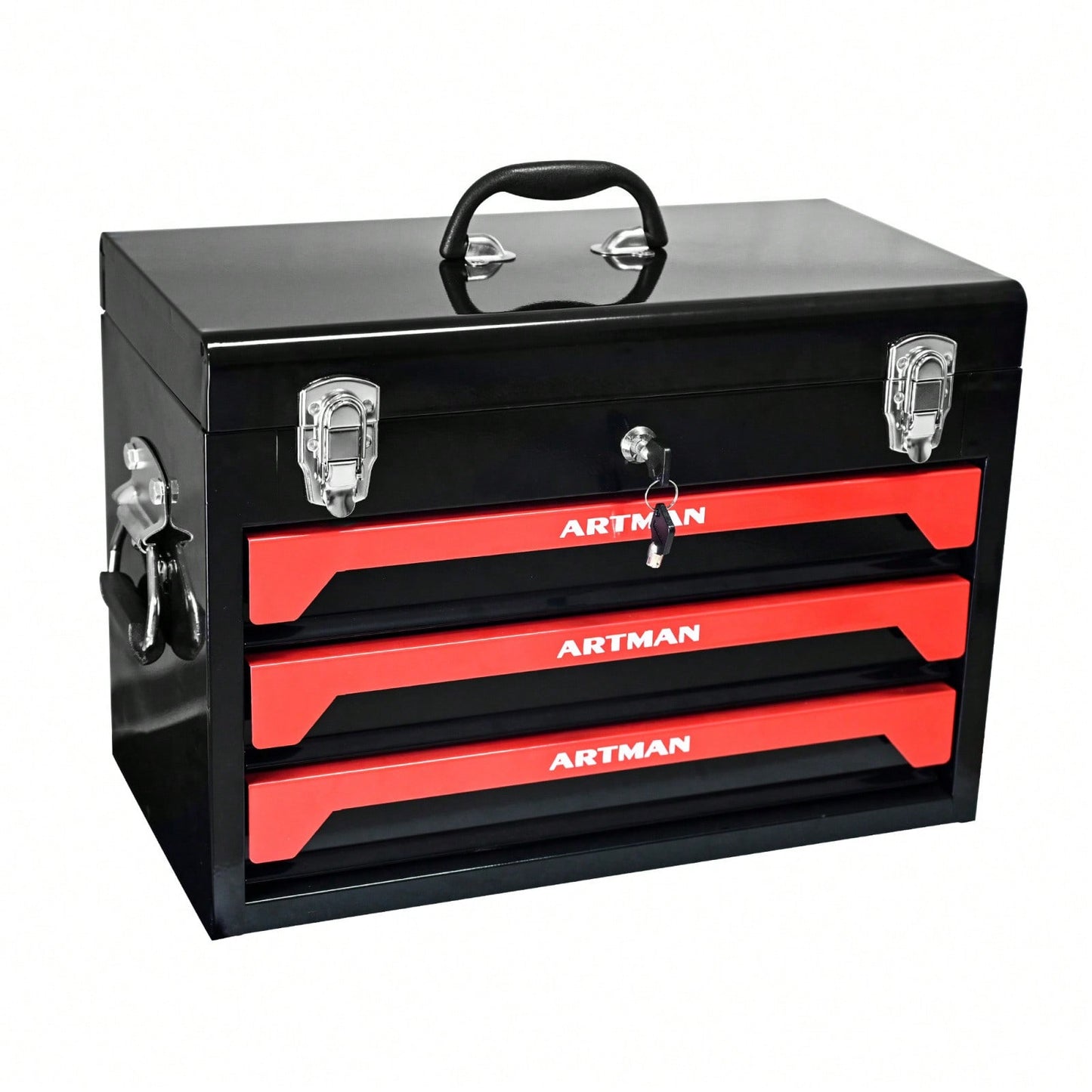 Compact 3-Drawer Tool Box with Key Lock and Smooth Ball Bearing Slides Red and Black Metal Organizer