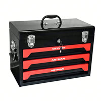 Compact 3-Drawer Tool Box with Key Lock and Smooth Ball Bearing Slides Red and Black Metal Organizer