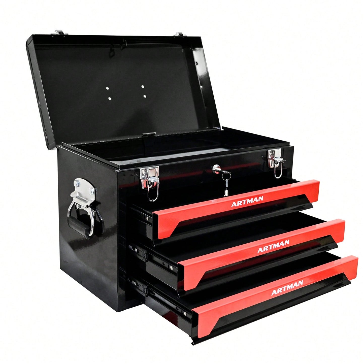 Compact 3-Drawer Tool Box with Key Lock and Smooth Ball Bearing Slides Red and Black Metal Organizer