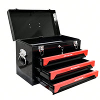Compact 3-Drawer Tool Box with Key Lock and Smooth Ball Bearing Slides Red and Black Metal Organizer