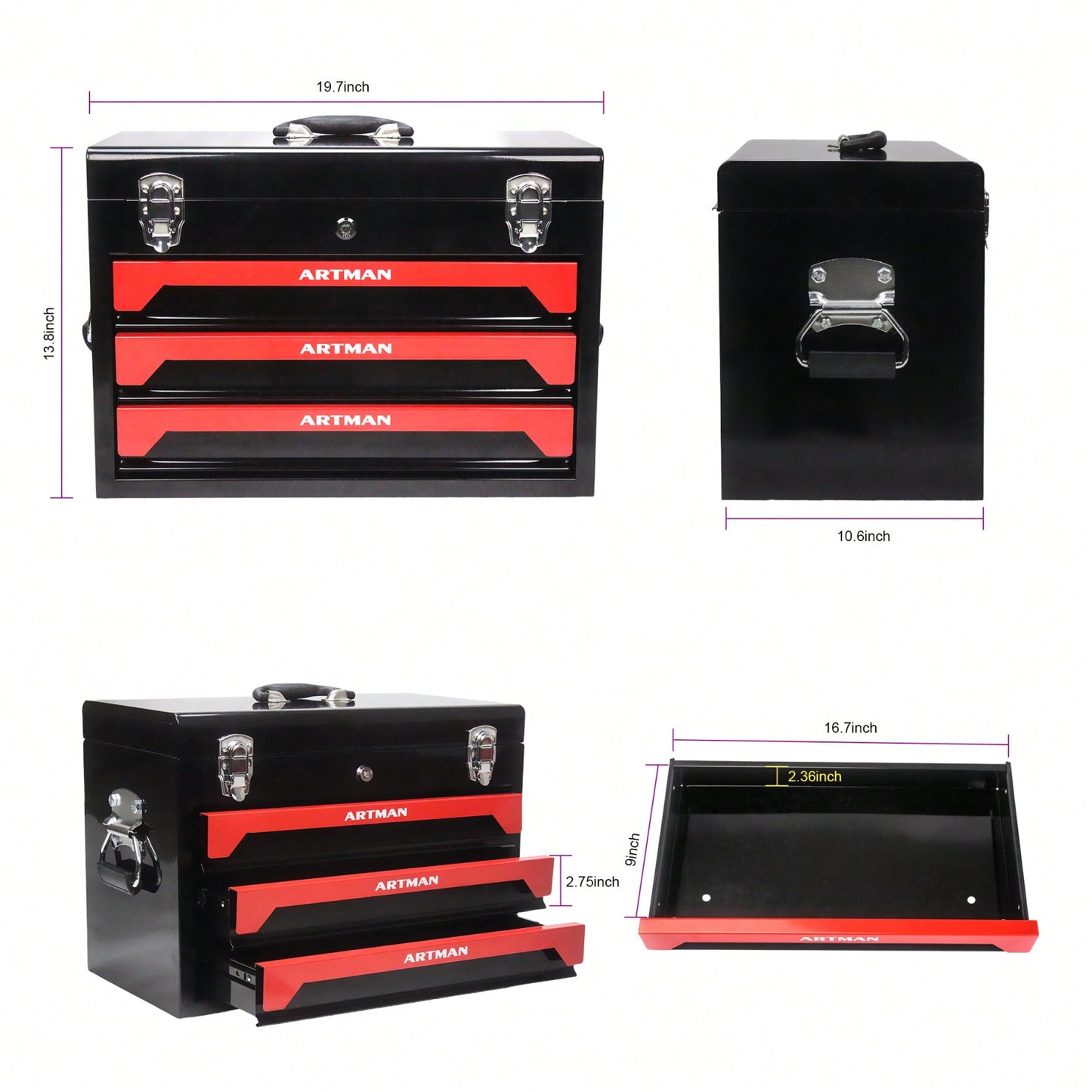 Compact 3-Drawer Tool Box with Key Lock and Smooth Ball Bearing Slides Red and Black Metal Organizer