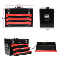 Compact 3-Drawer Tool Box with Key Lock and Smooth Ball Bearing Slides Red and Black Metal Organizer