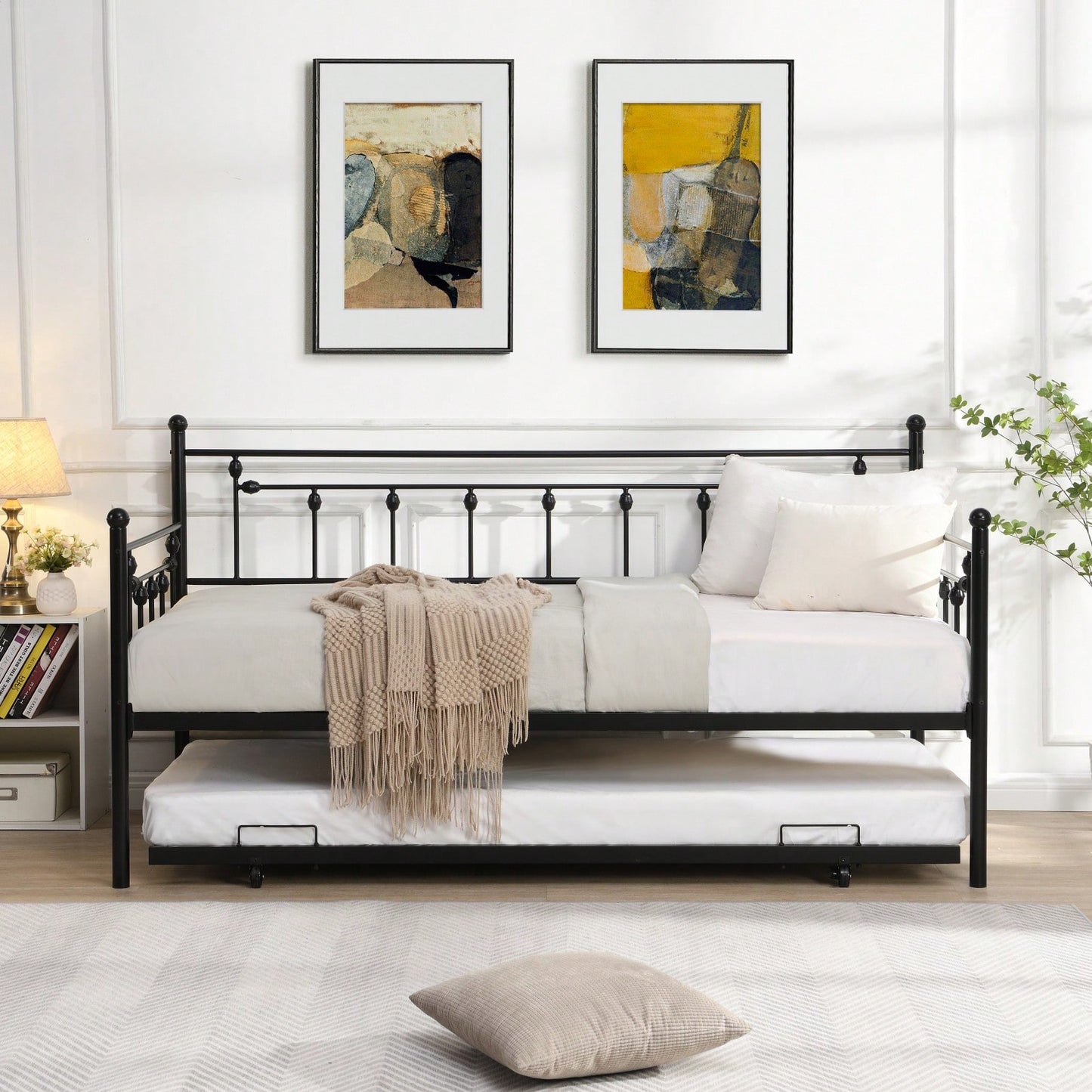 Black Metal Daybed with Trundle Modern Design Sturdy Steel Frame Easy Assembly Space Saving Noise-Free for Kids Room