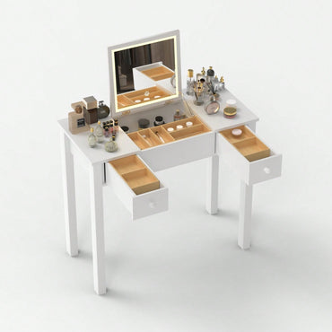 Elegant LED Vanity Table with Flip-Top Mirror and Jewelry Storage for Women, Ample Space and Tricolor Lights