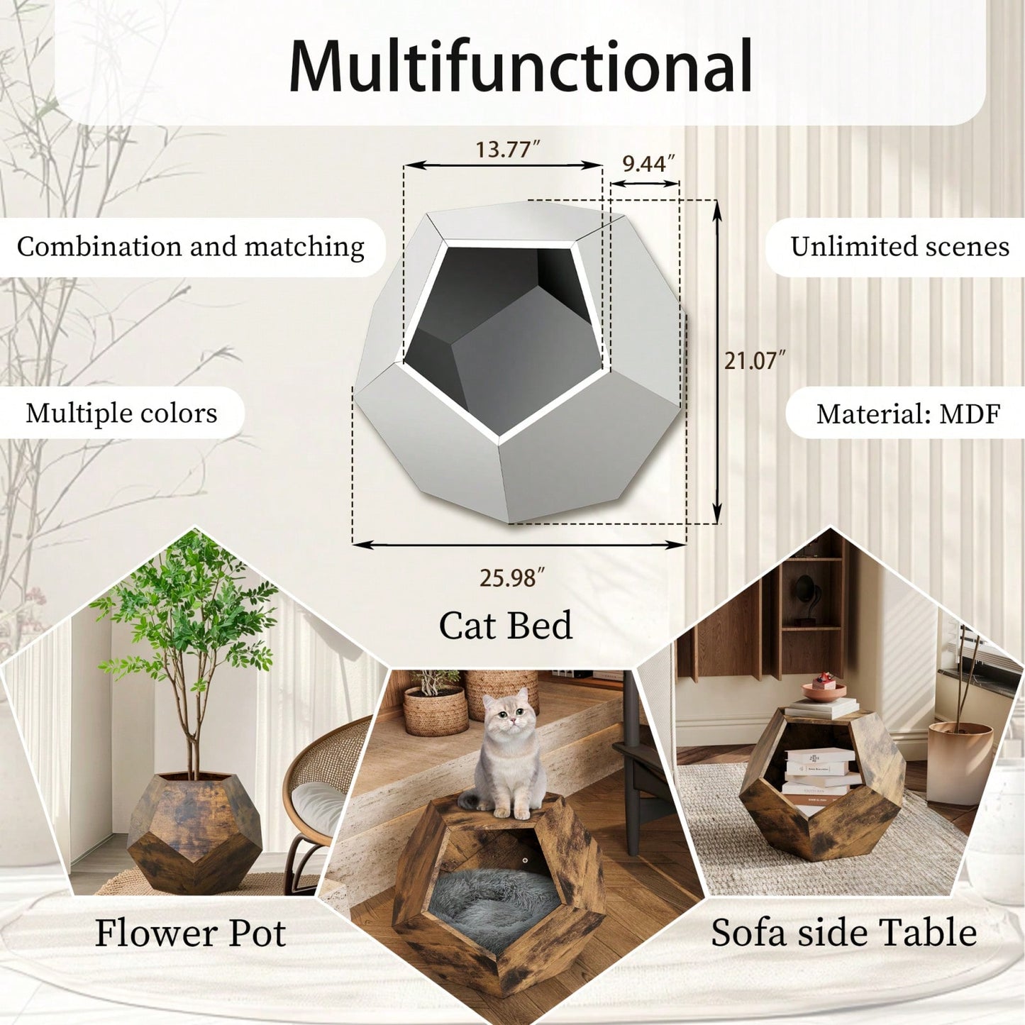 Stylish Multifunctional Cat Litter Box Side Table and Planter MDF Furniture Oak 165lbs Capacity Easy Assembly