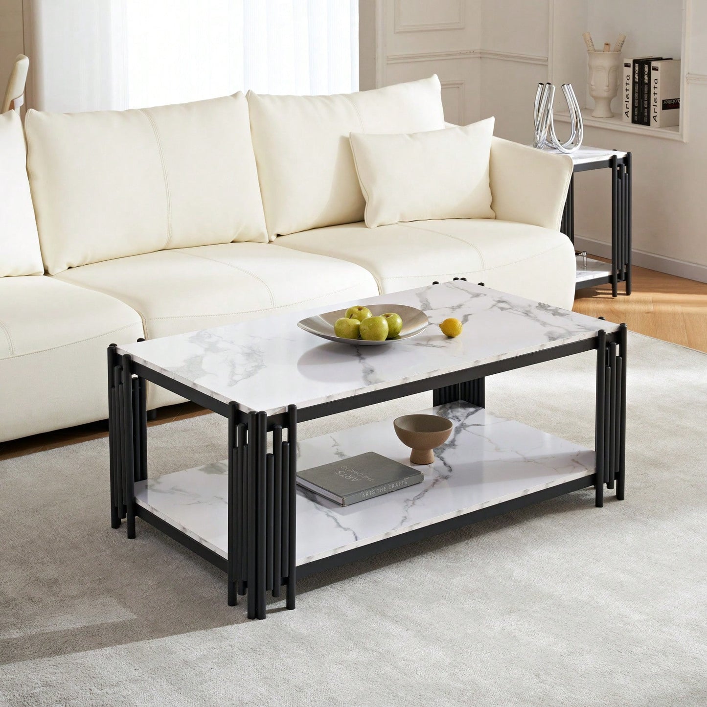 Modern 2-Tier Faux Marble Coffee Table with Storage Shelf Black Gold Elegant Design for Small Living Rooms