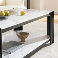 Modern 2-Tier Faux Marble Coffee Table with Storage Shelf Black Gold Elegant Design for Small Living Rooms