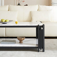 Modern 2-Tier Faux Marble Coffee Table with Storage Shelf Black Gold Elegant Design for Small Living Rooms