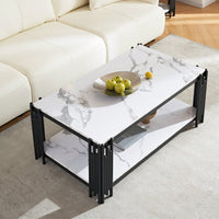 Modern 2-Tier Faux Marble Coffee Table with Storage Shelf Black Gold Elegant Design for Small Living Rooms