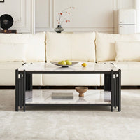 Modern 2-Tier Faux Marble Coffee Table with Storage Shelf Black Gold Elegant Design for Small Living Rooms