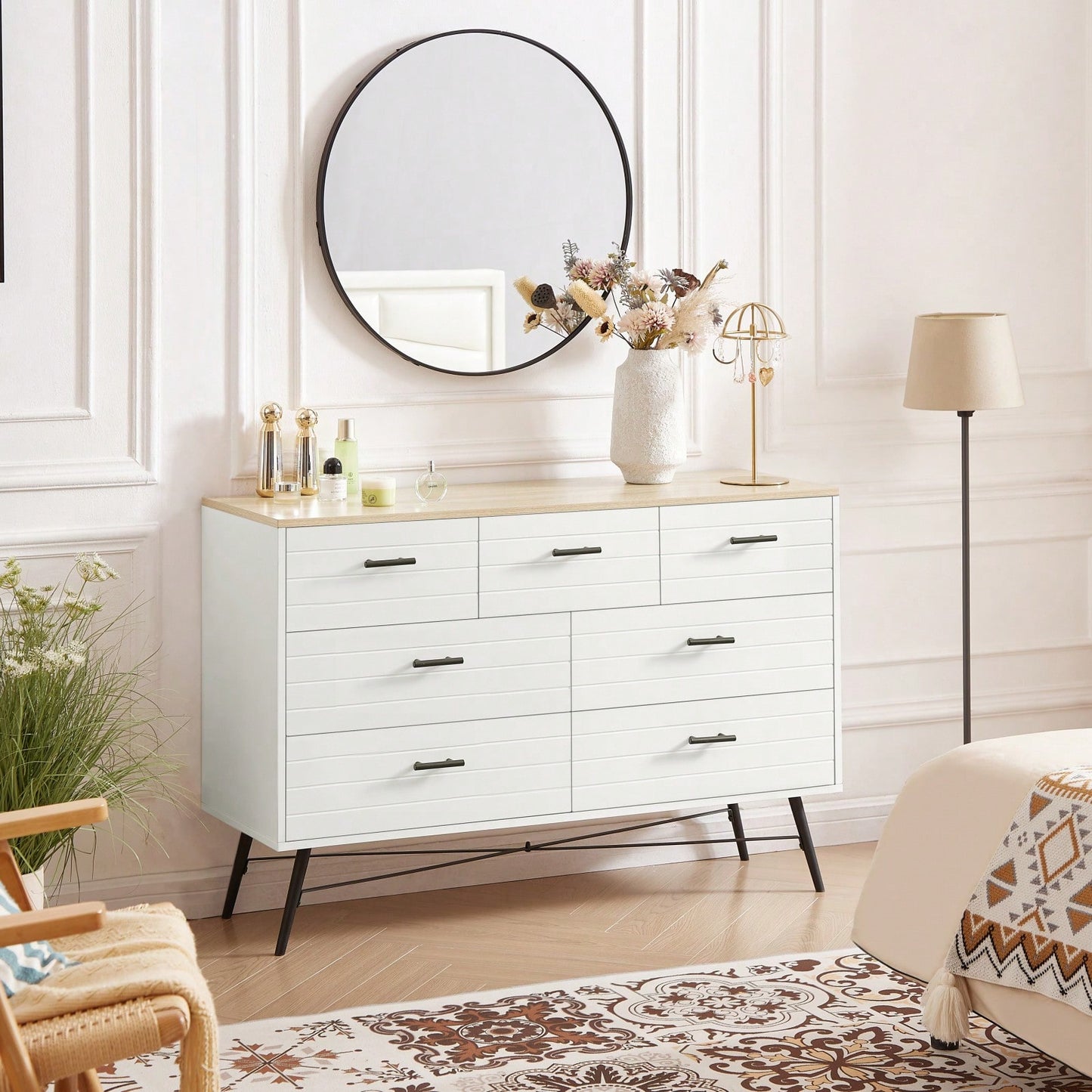 Modern 7 Drawer White and Oak Dresser with Deep Drawers for Bedroom and Living Room Storage 47.2W x 15.7D x 31.5H