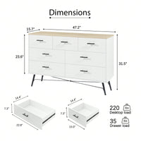 Modern 7 Drawer White and Oak Dresser with Deep Drawers for Bedroom and Living Room Storage 47.2W x 15.7D x 31.5H