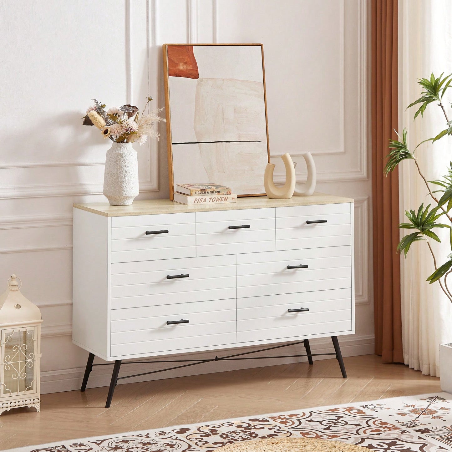 Modern 7 Drawer White and Oak Dresser with Deep Drawers for Bedroom and Living Room Storage 47.2W x 15.7D x 31.5H