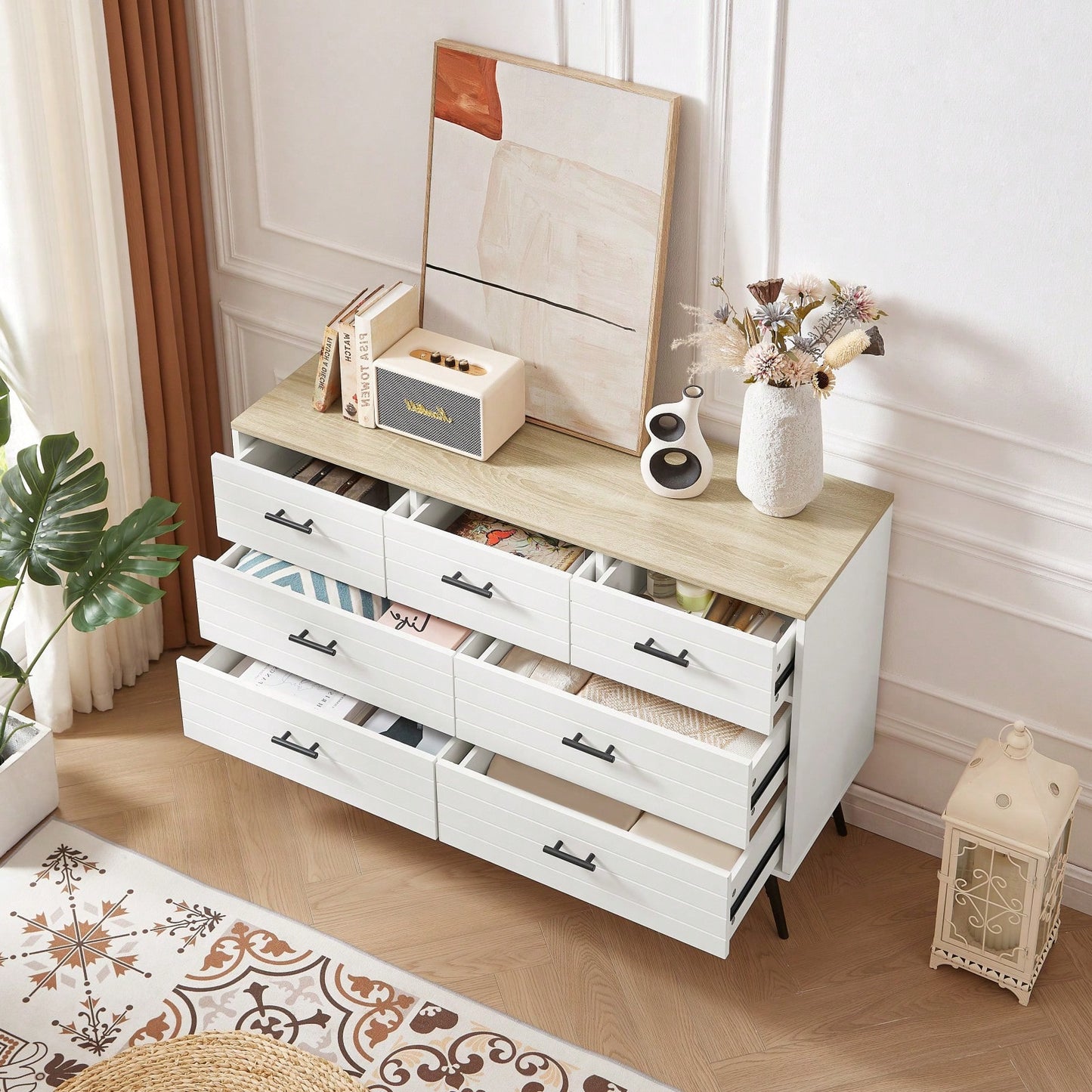 Modern 7 Drawer White and Oak Dresser with Deep Drawers for Bedroom and Living Room Storage 47.2W x 15.7D x 31.5H