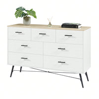 Modern 7 Drawer White and Oak Dresser with Deep Drawers for Bedroom and Living Room Storage 47.2W x 15.7D x 31.5H