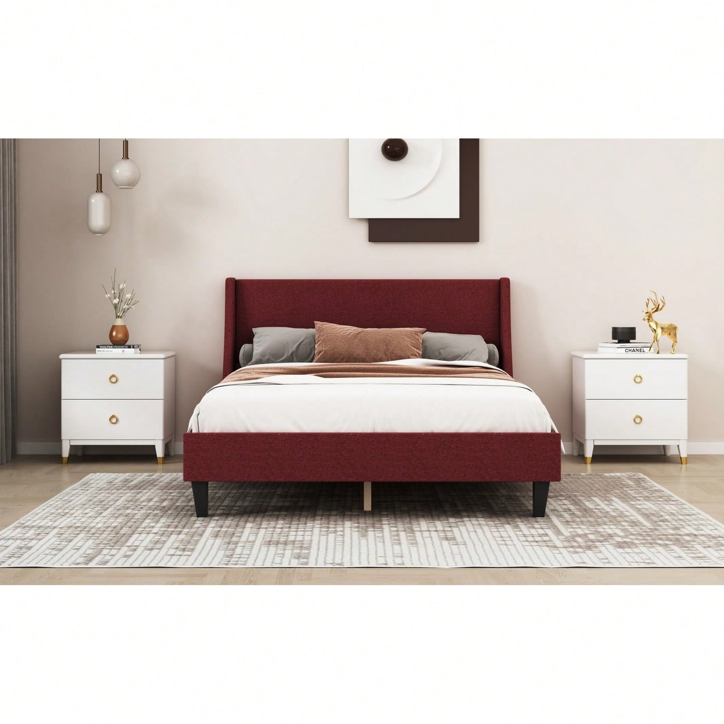 Upholstered Full Size Platform Bed Frame with Adjustable Linen Headboard and Wooden Support Easy Assembly No Box Spring Required