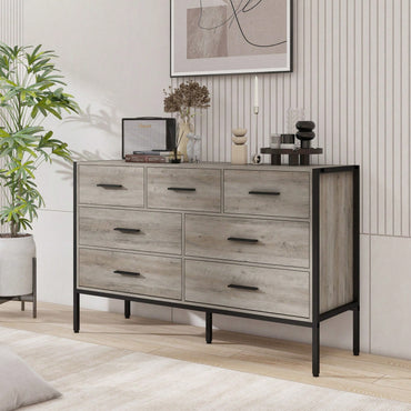 Rustic Grey 7 Drawer Wooden Dresser with Sturdy Steel Frame for Bedroom Storage and Organization