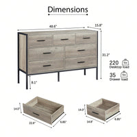 Rustic Grey 7 Drawer Wooden Dresser with Sturdy Steel Frame for Bedroom Storage and Organization