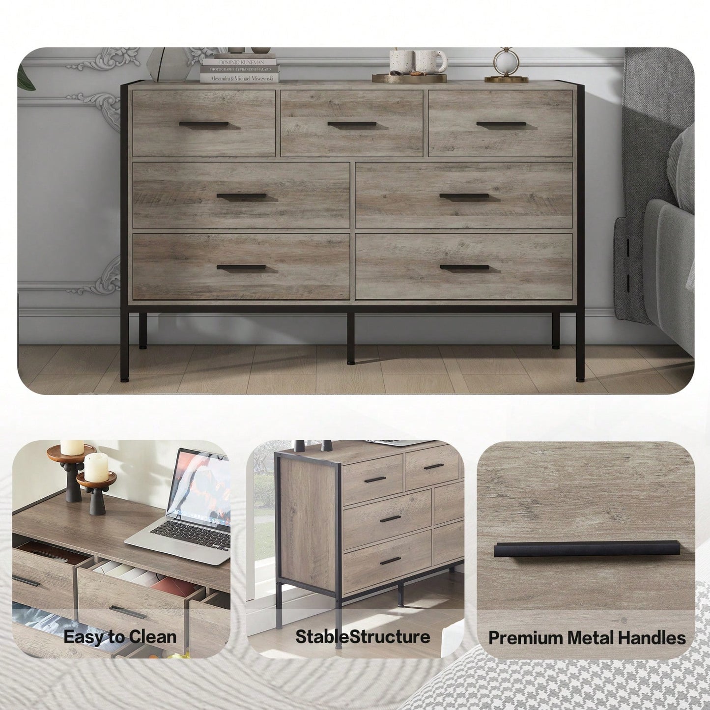 Rustic Grey 7 Drawer Wooden Dresser with Sturdy Steel Frame for Bedroom Storage and Organization