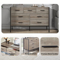 Rustic Grey 7 Drawer Wooden Dresser with Sturdy Steel Frame for Bedroom Storage and Organization