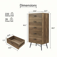 Rustic Walnut 5-Drawer Dresser Stylish Storage Solution for Bedroom and Hallway Easy Assembly Durable Anti-Tipping Design