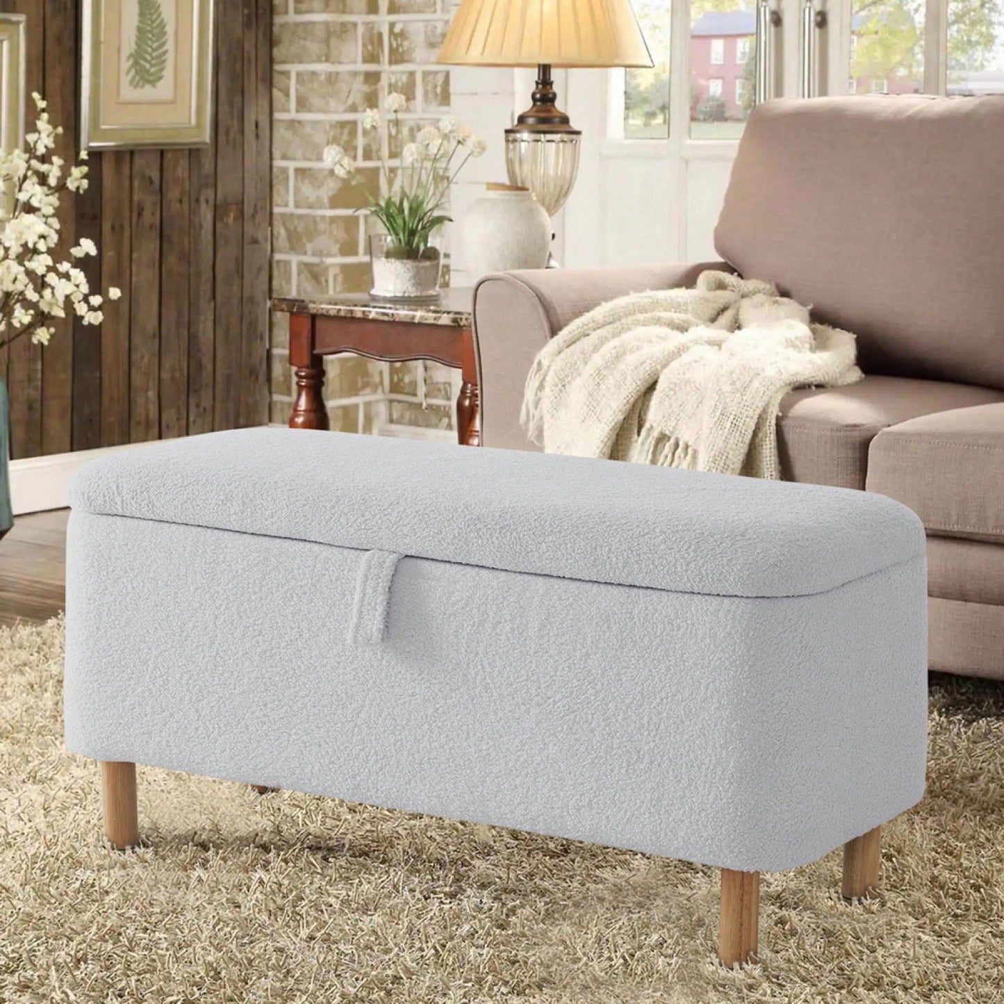 Soft Boucle Upholstered Storage Ottoman and Entryway Bench with Wood Legs Stylish Versatile Accent for Home Organization