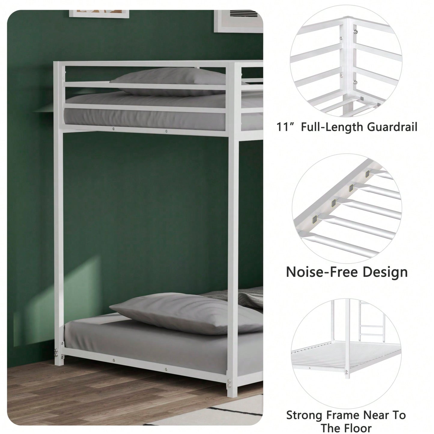 Durable Twin Over Twin Metal Bunk Bed Frame with Guardrails and Ladder for Kids Teens Adults Easy Assembly
