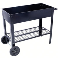 Elevated Ergonomic Metal Planter Bed on Wheels with Storage Shelf for Easy Mobility and Efficient Drainage