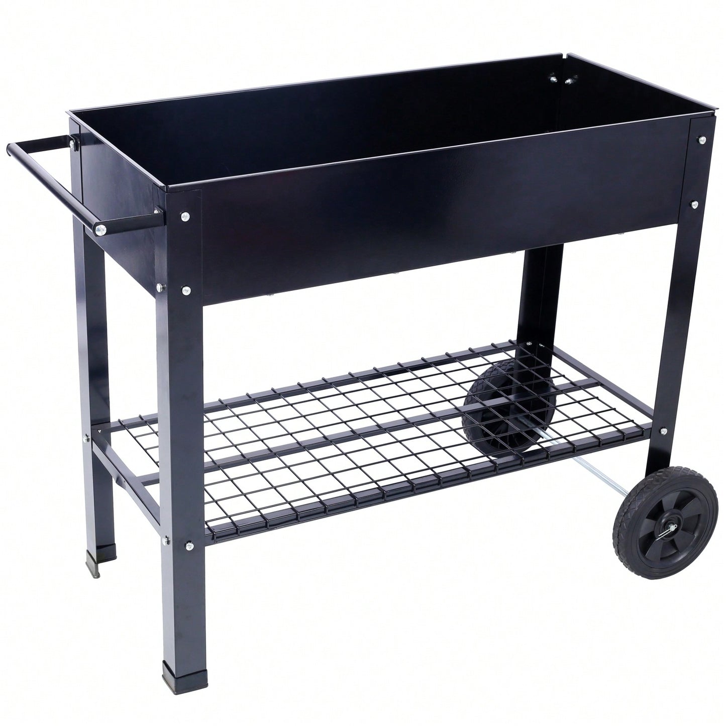 Elevated Ergonomic Metal Planter Bed on Wheels with Storage Shelf for Easy Mobility and Efficient Drainage