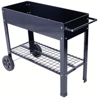 Elevated Ergonomic Metal Planter Bed on Wheels with Storage Shelf for Easy Mobility and Efficient Drainage