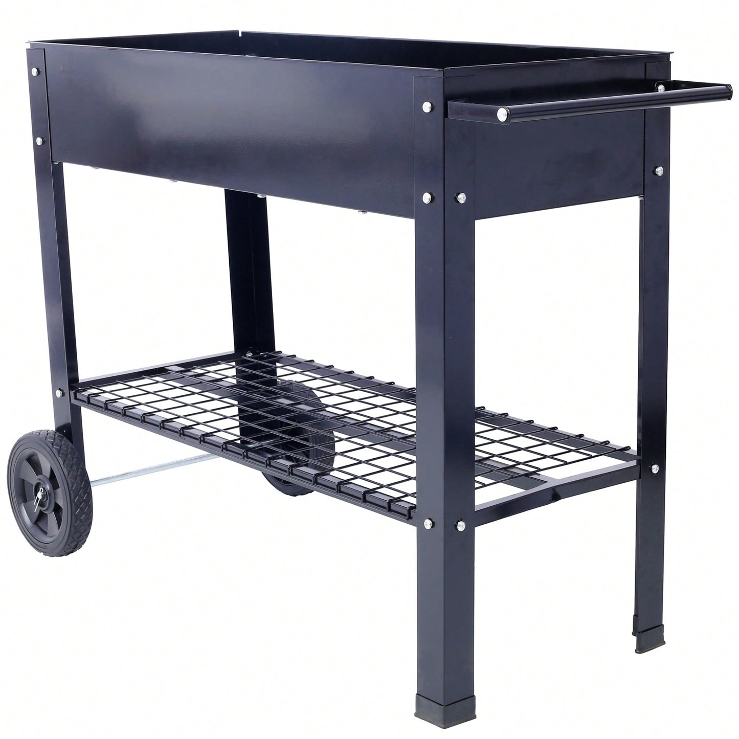 Elevated Ergonomic Metal Planter Bed on Wheels with Storage Shelf for Easy Mobility and Efficient Drainage