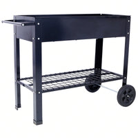 Elevated Ergonomic Metal Planter Bed on Wheels with Storage Shelf for Easy Mobility and Efficient Drainage