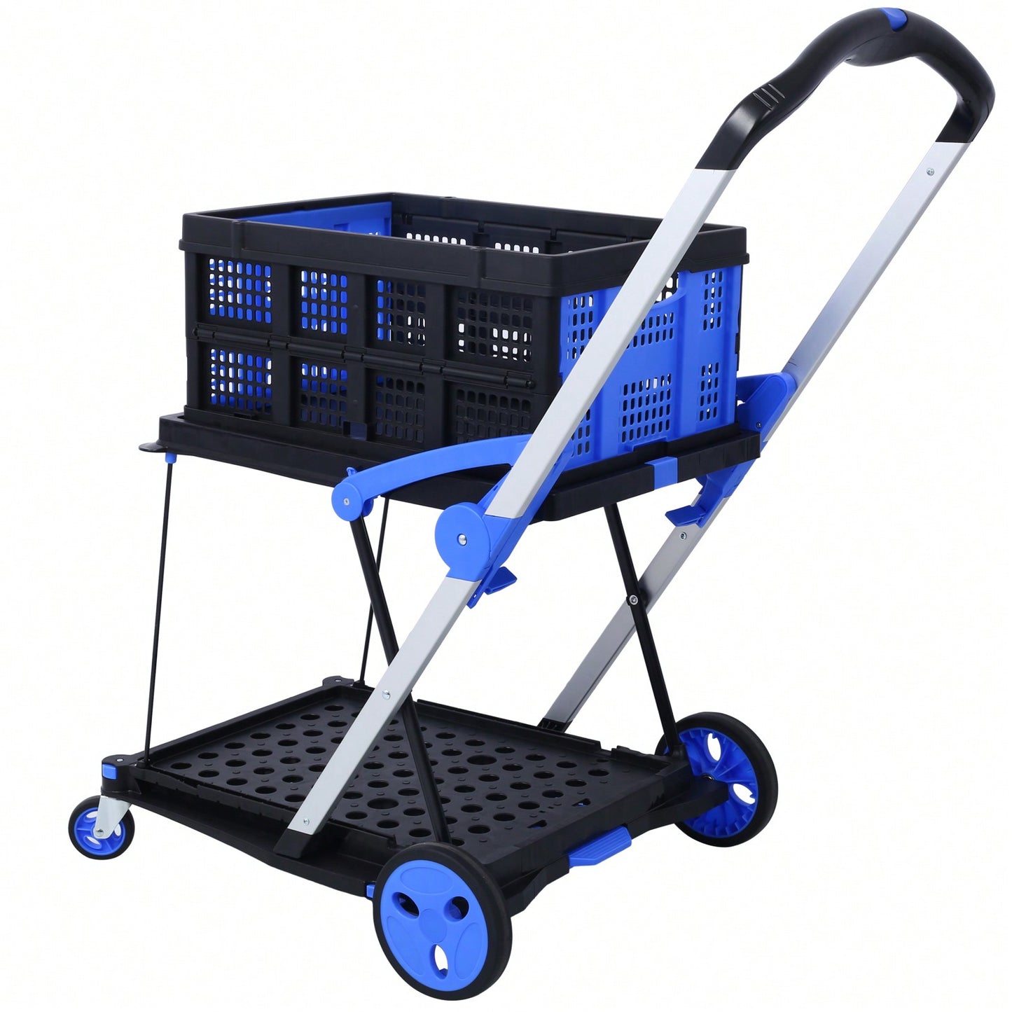 Collapsible Multi-Use Shopping Cart with Baskets 2-Tier High Capacity 360° Swivel Wheels Portable Grocery Cart