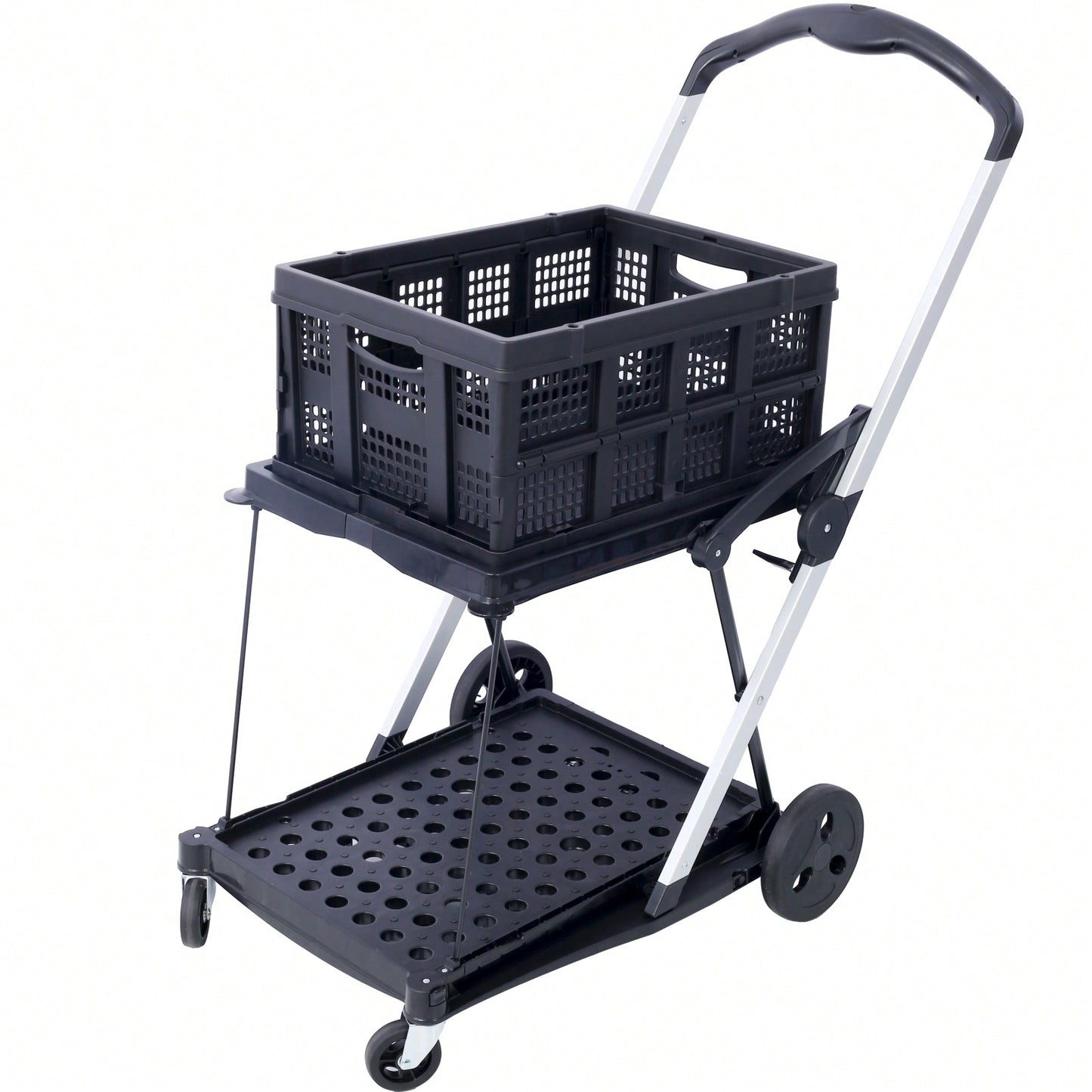 Collapsible Multi-Use Shopping Cart with Baskets 2-Tier High Capacity 360° Swivel Wheels Portable Grocery Cart