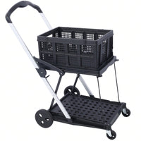 Collapsible Multi-Use Shopping Cart with Baskets 2-Tier High Capacity 360° Swivel Wheels Portable Grocery Cart