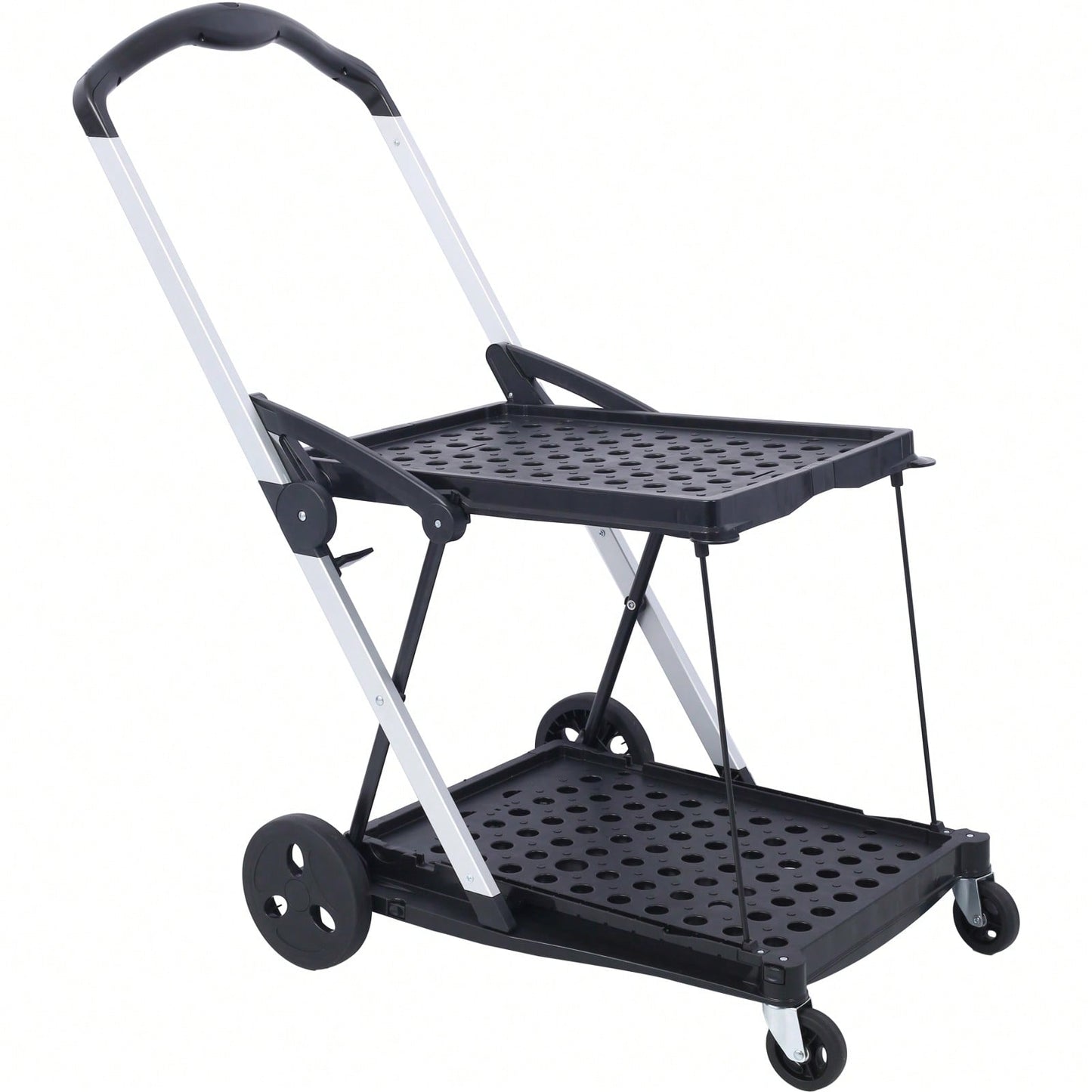 Collapsible Multi-Use Shopping Cart with Baskets 2-Tier High Capacity 360° Swivel Wheels Portable Grocery Cart