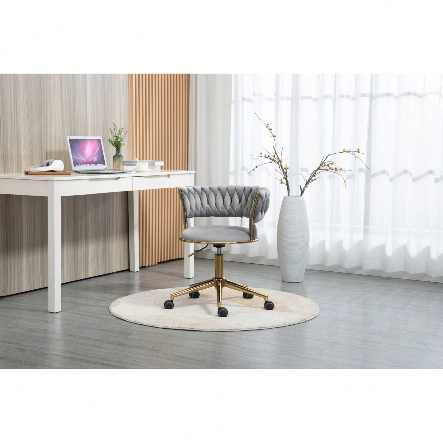 Velvet Upholstered Adjustable Swivel Chair for Home Office and Small Spaces with Golden Legs 280 Lb Capacity