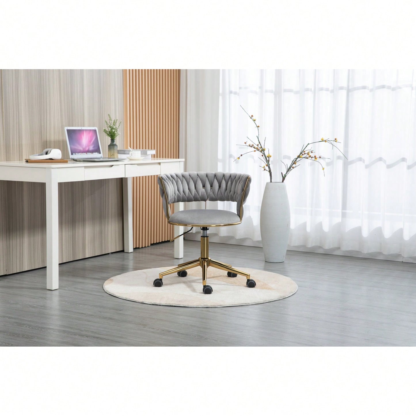 Velvet Upholstered Adjustable Swivel Chair for Home Office and Small Spaces with Golden Legs 280 Lb Capacity