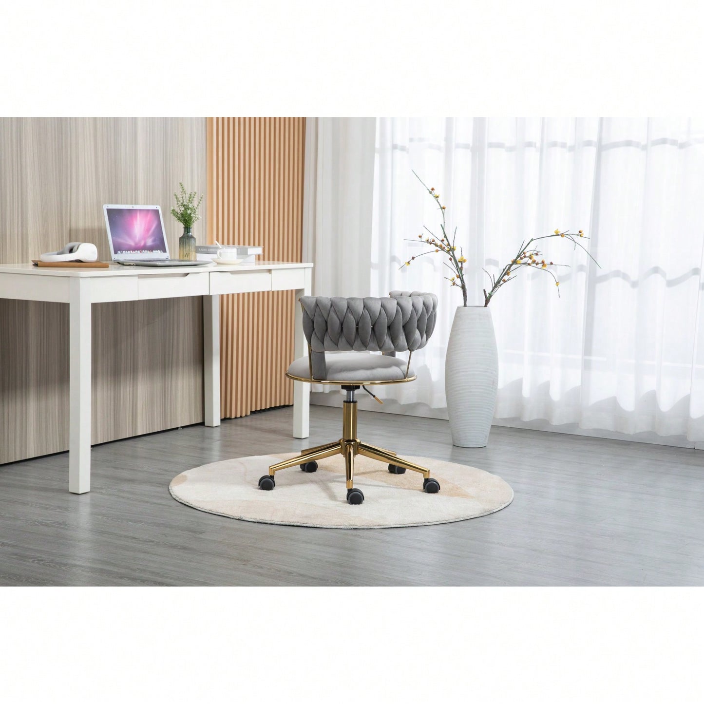 Velvet Upholstered Adjustable Swivel Chair for Home Office and Small Spaces with Golden Legs 280 Lb Capacity