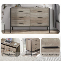 Rustic Grey 6 Drawer Wood Dresser with Sturdy Steel Frame Multifunctional Storage Cabinet for Bedroom Nursery Entryway or Living Room