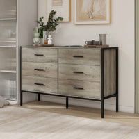 Rustic Grey 6 Drawer Wood Dresser with Sturdy Steel Frame Multifunctional Storage Cabinet for Bedroom Nursery Entryway or Living Room