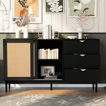 Rattan Console Cabinet with 2 Doors and 3 Drawers Retro Modern Storage for Living Room Corridor Entrance